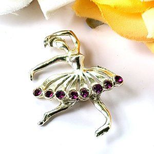 Ballerina Ballet Dancer Brooch Pink Rhinestone Accents Silver-Tone Dance Pin